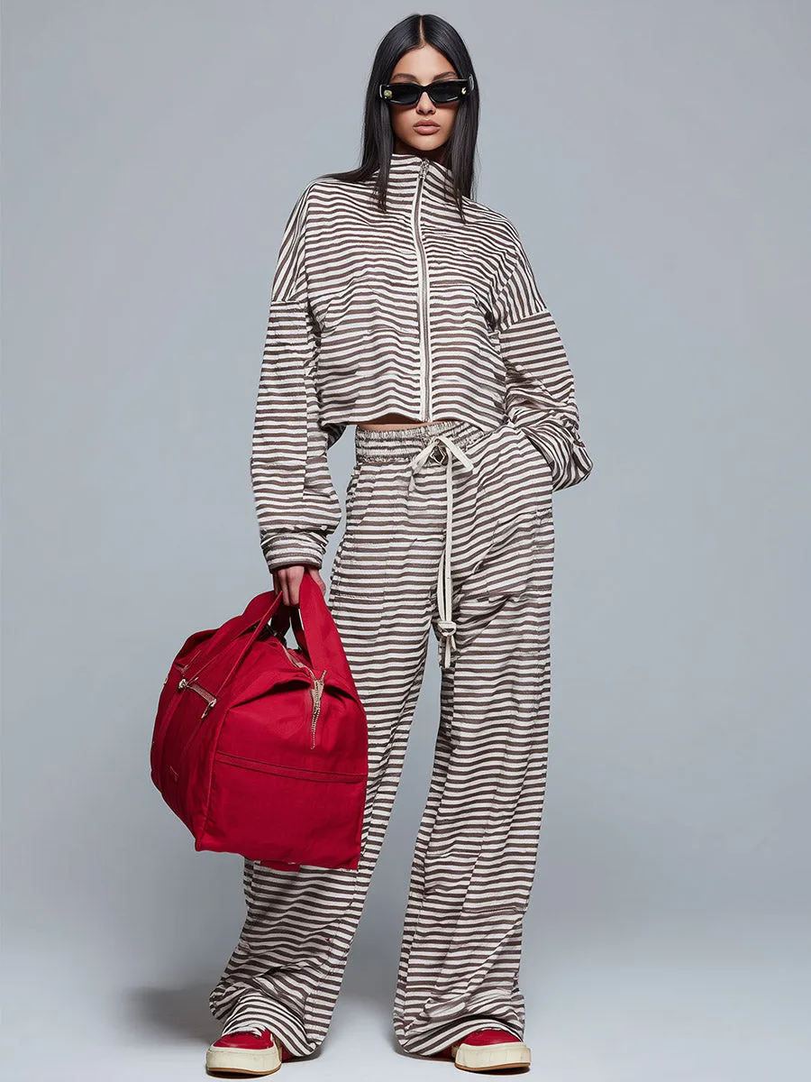 Urban Sporty Brown & White Striped Stand-Collar Zip-Up Sweatshirt And Joggers Set sold by Oyrosy product image thumbnail 2