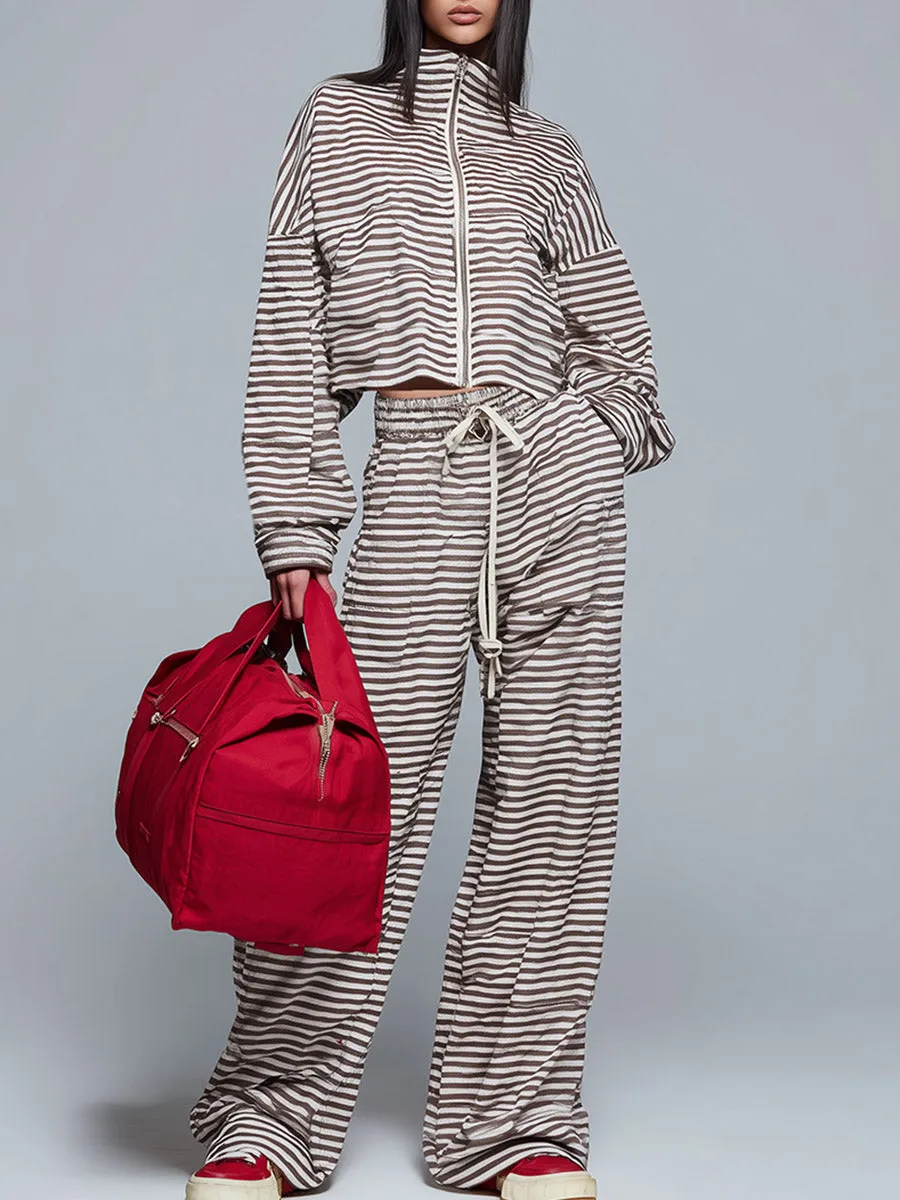 Urban Sporty Brown & White Striped Stand-Collar Zip-Up Sweatshirt And Joggers Set sold by Oyrosy
