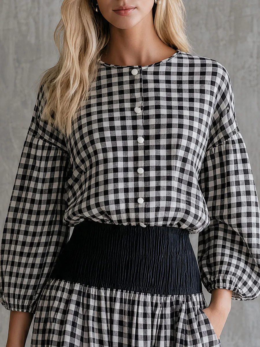 Casual Retro Black And White Checkered Crew Neck Button-down Shirt And Skirt Set sold by Oyrosy product image thumbnail 3