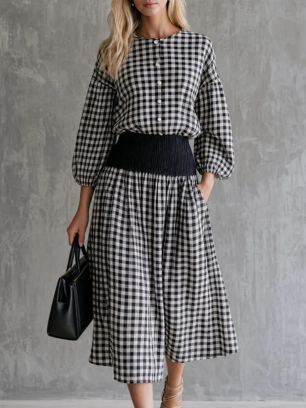 Casual Retro Black And White Checkered Crew Neck Button-down Shirt And Skirt Set made by Oyrosy