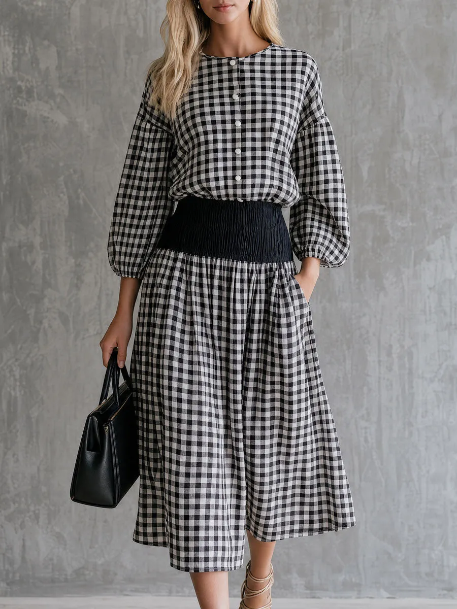 Casual Retro Black And White Checkered Crew Neck Button-down Shirt And Skirt Set sold by Oyrosy
