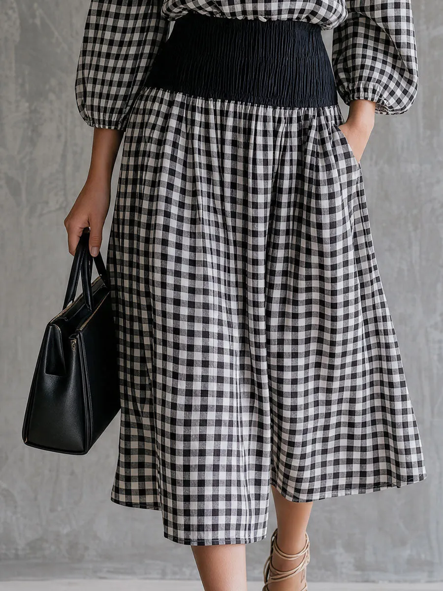 Casual Retro Black And White Checkered Crew Neck Button-down Shirt And Skirt Set sold by Oyrosy product image thumbnail 4