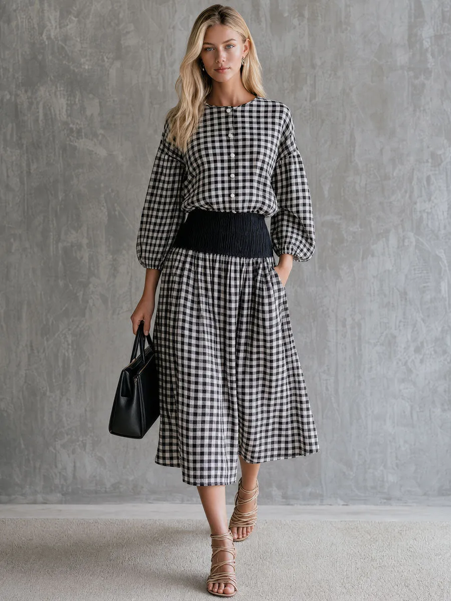Casual Retro Black And White Checkered Crew Neck Button-down Shirt And Skirt Set sold by Oyrosy product image thumbnail 2
