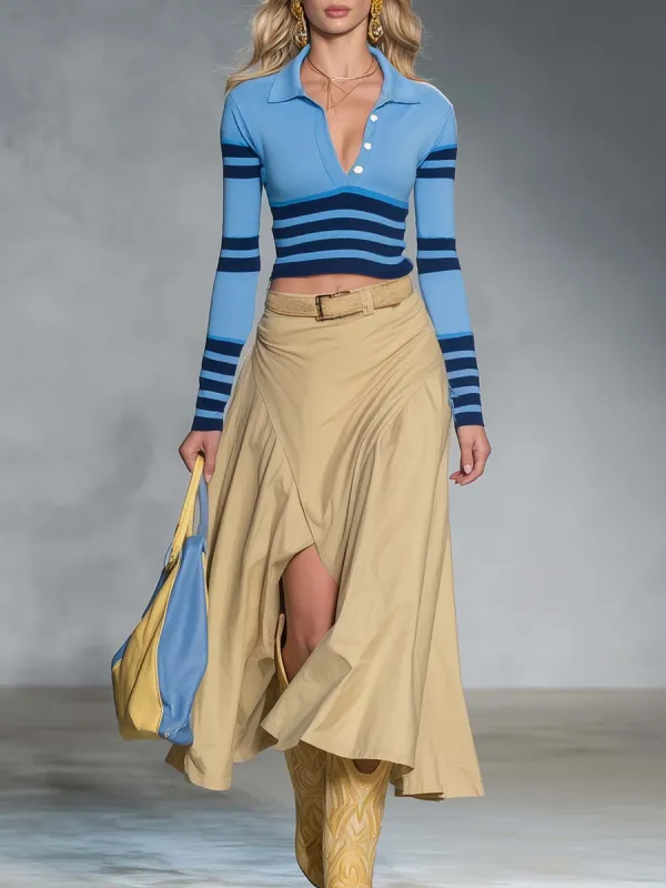 Retro Blue Striped Polo Knit Top And Khaki Maxi Skirt Set made by Oyrosy