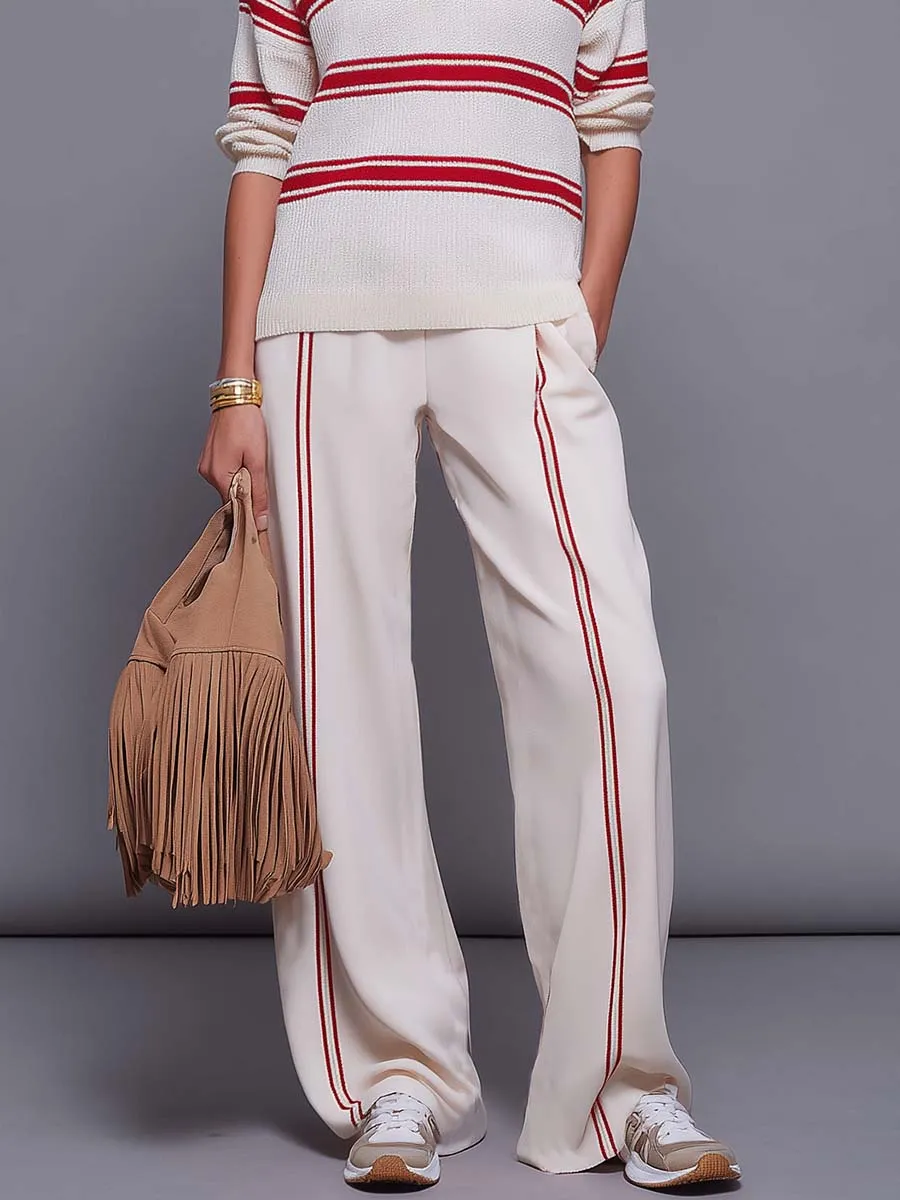Retro Red-Striped Knit Polo And Wide-Leg Pants Set sold by Oyrosy product image thumbnail 4