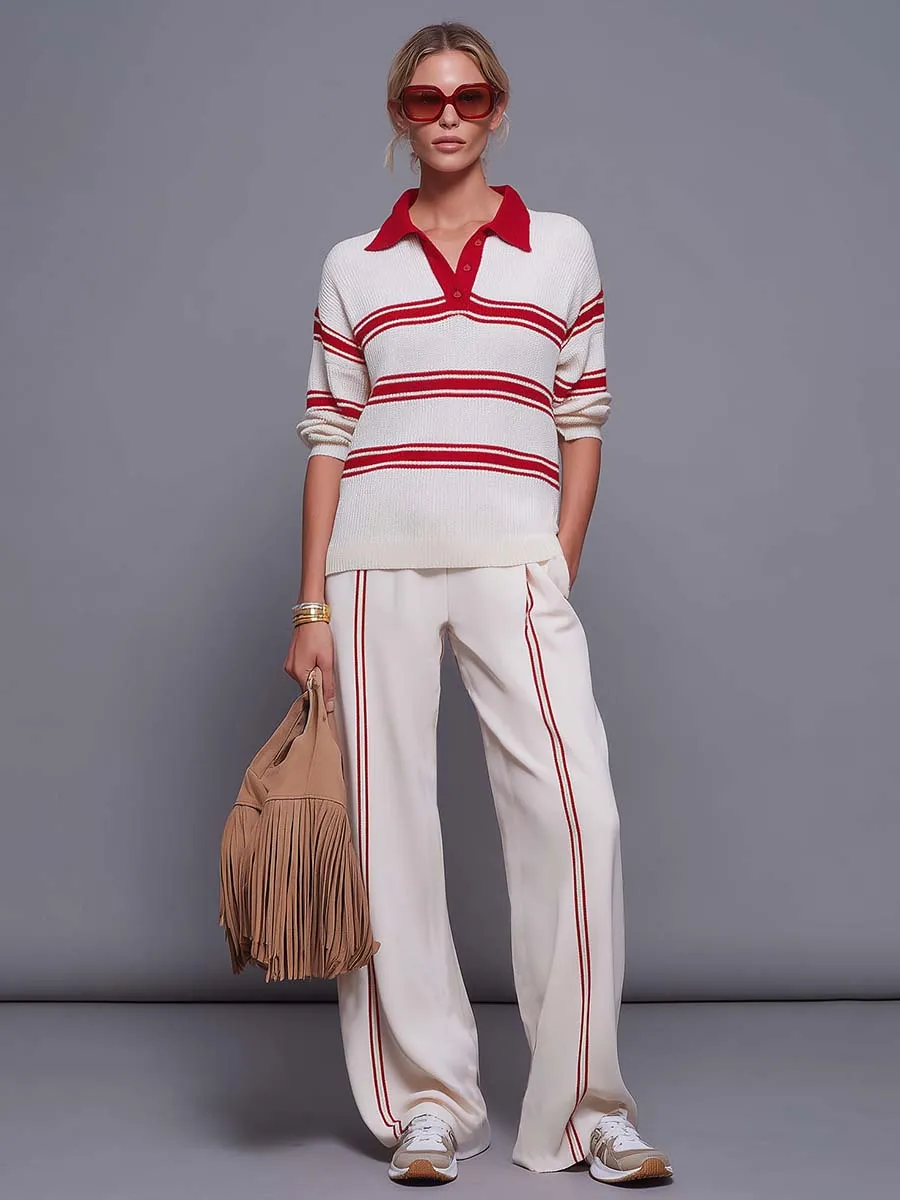 Retro Red-Striped Knit Polo And Wide-Leg Pants Set sold by Oyrosy product image thumbnail 2