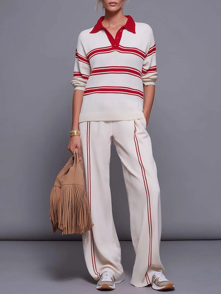 Retro Red-Striped Knit Polo And Wide-Leg Pants Set sold by Oyrosy