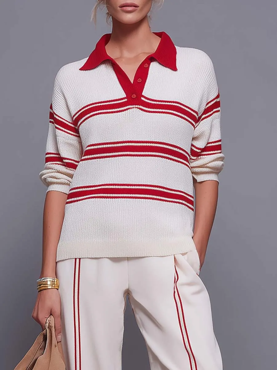 Retro Red-Striped Knit Polo And Wide-Leg Pants Set sold by Oyrosy product image thumbnail 3