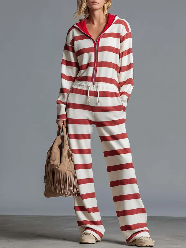 Retro Sporty Red Striped Hooded Half-Zip Wide-Leg Jumpsuit made by Oyrosy