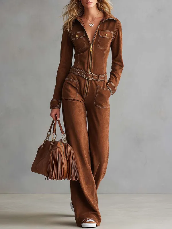 Retro Western Tan Faux-Suede Collared Zip-Front Wide-Leg Jumpsuit made by Oyrosy