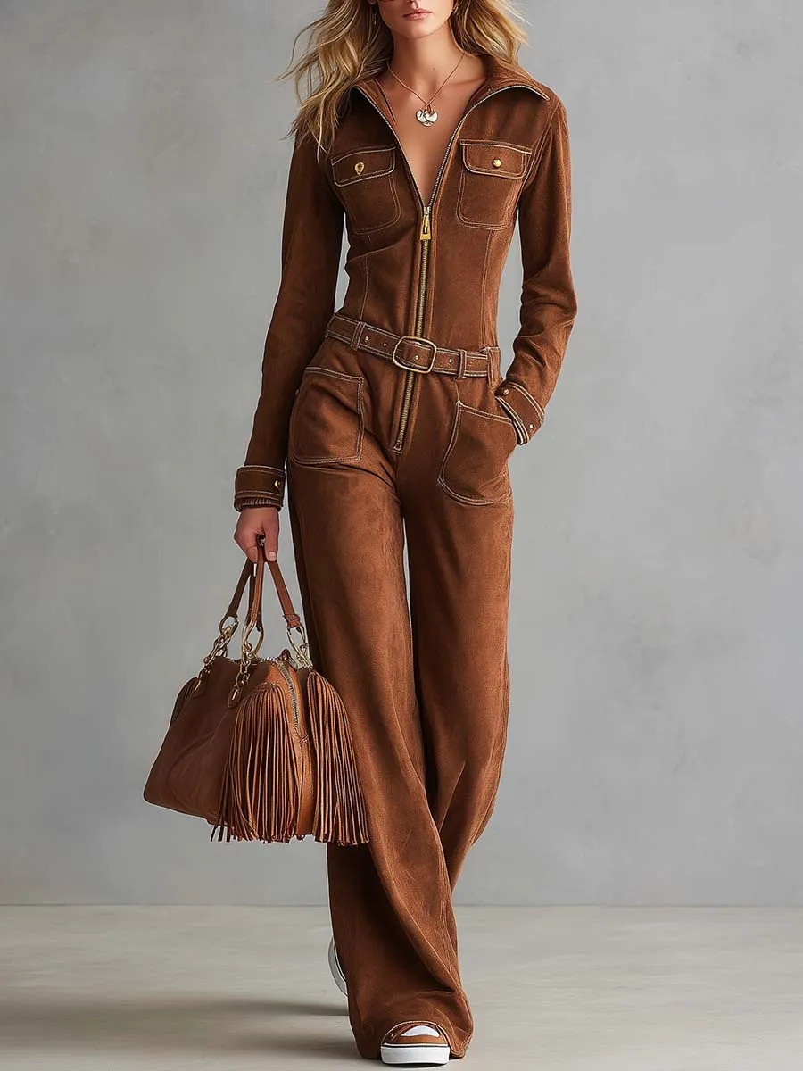 Retro Western Tan Faux-Suede Collared Zip-Front Wide-Leg Jumpsuit sold by Oyrosy