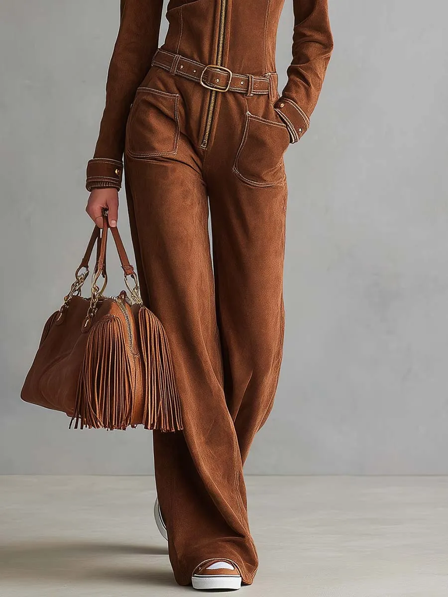 Retro Western Tan Faux-Suede Collared Zip-Front Wide-Leg Jumpsuit sold by Oyrosy product image thumbnail 4