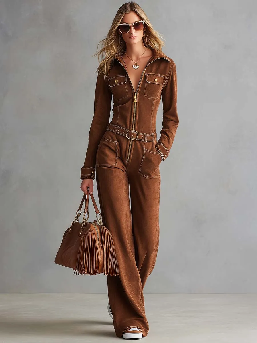 Retro Western Tan Faux-Suede Collared Zip-Front Wide-Leg Jumpsuit sold by Oyrosy product image thumbnail 2