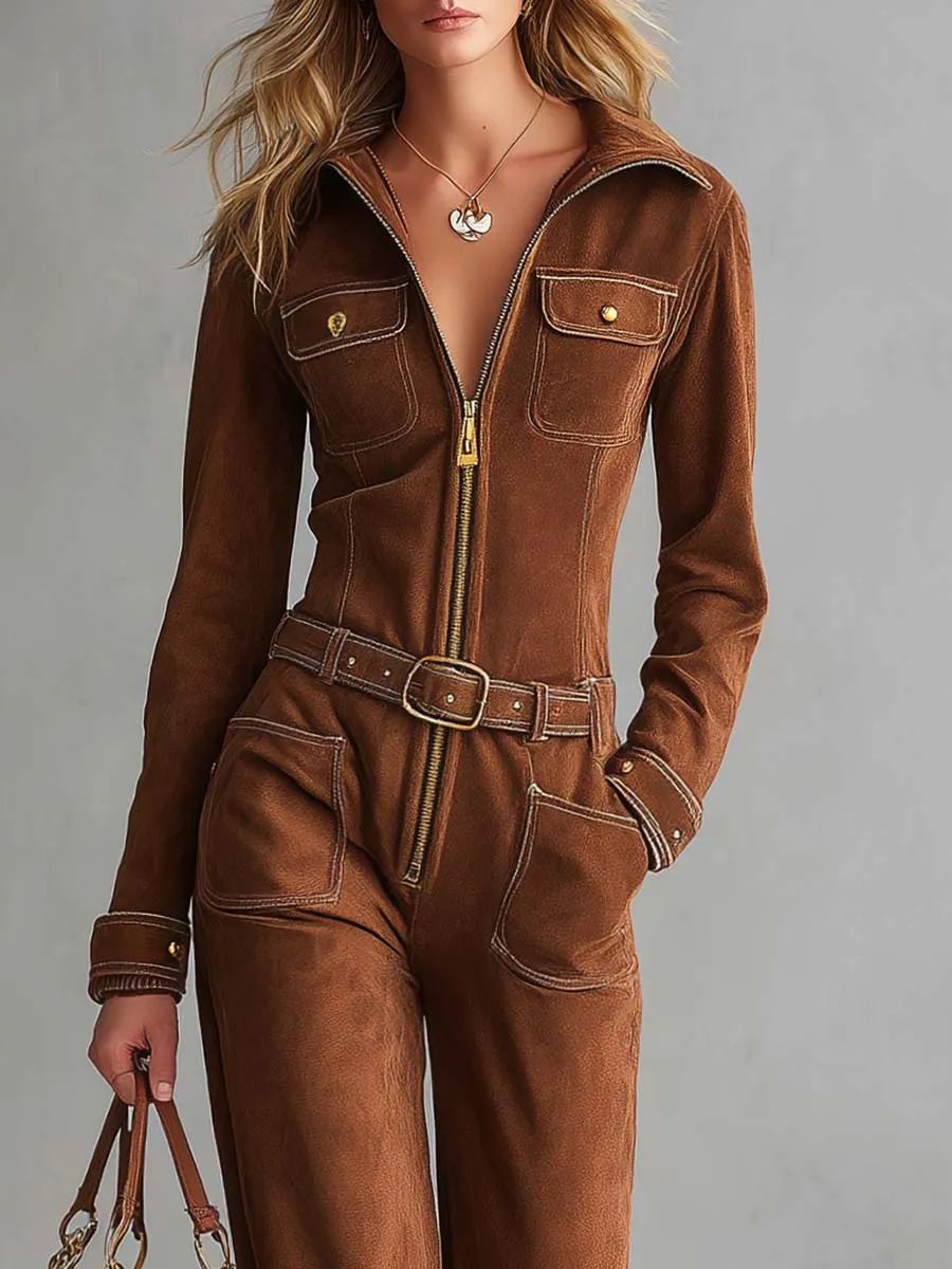 Retro Western Tan Faux-Suede Collared Zip-Front Wide-Leg Jumpsuit sold by Oyrosy product image thumbnail 3