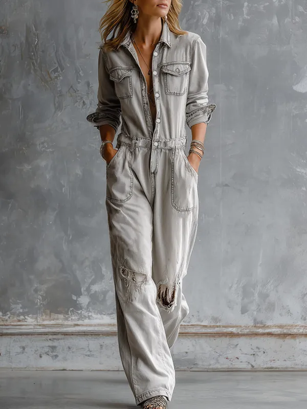 Chic And Casual Light Grey Distressed Ripped Denim Jumpsuit made by Oyrosy