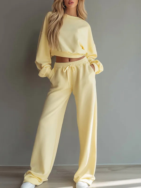 Casual Minimalist Pale Yellow Cropped Sweatshirt And Pant Set made by Oyrosy