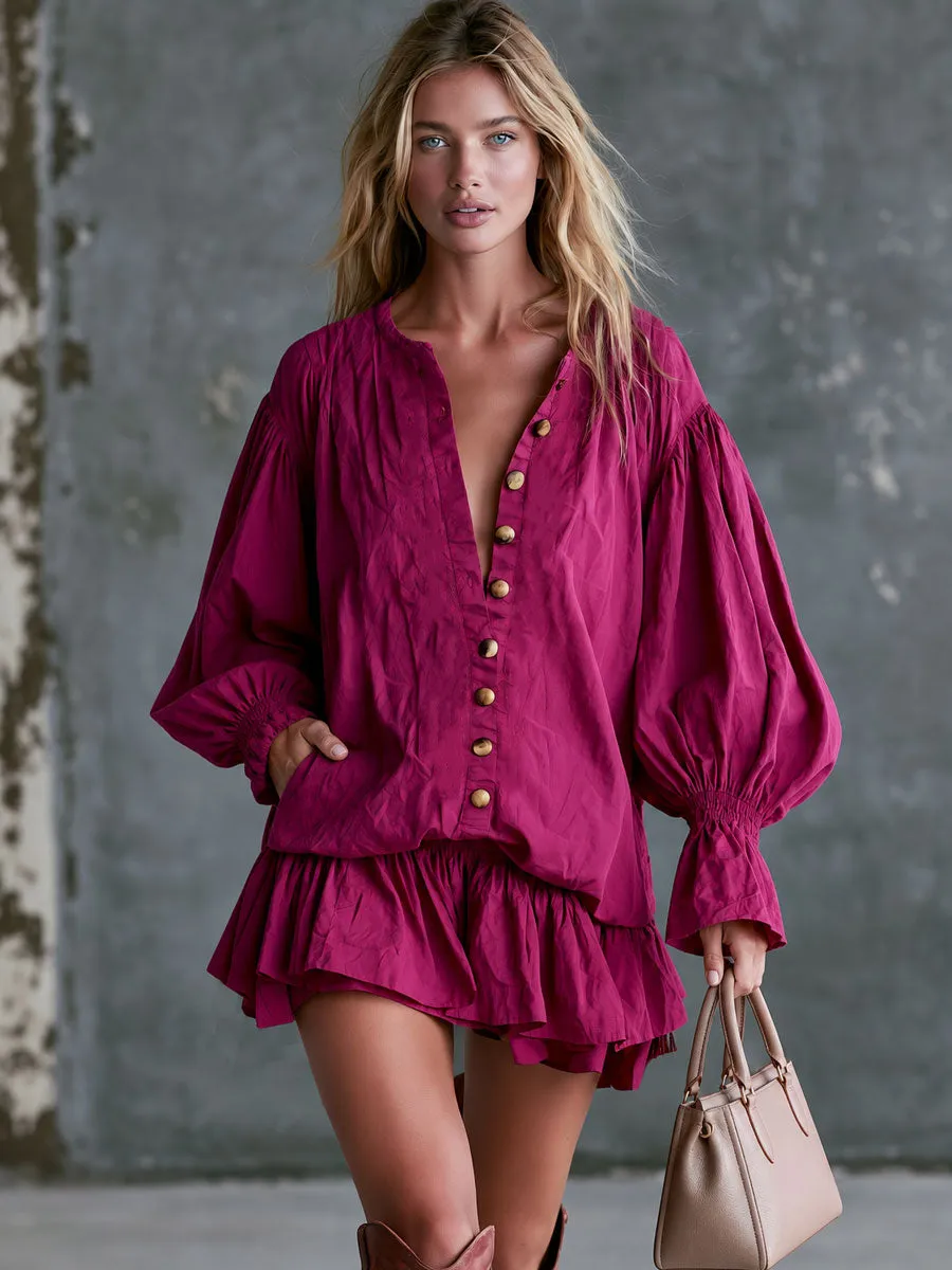 Vintage Rose Red Long-sleeved Button-down Ruffle Mini Dress sold by Oyrosy product image thumbnail 2