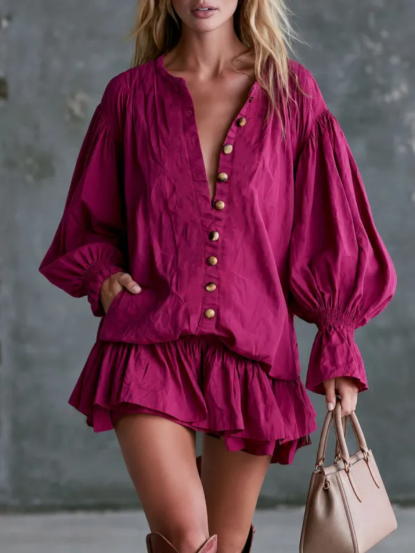 Vintage Rose Red Long-sleeved Button-down Ruffle Mini Dress made by Oyrosy