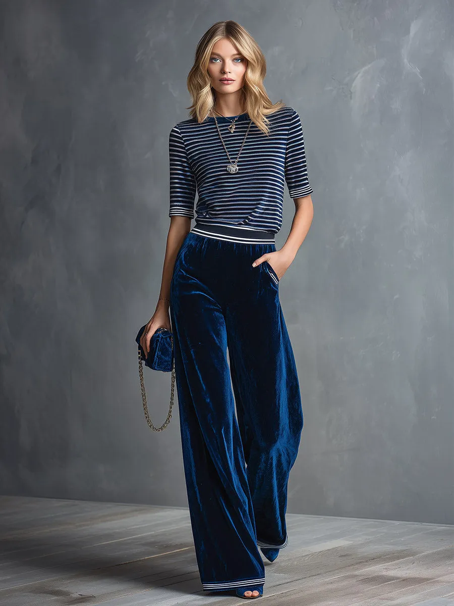 Classic And Elegant Blue Striped T-shirt And Wide-leg Velvet Trouser Set sold by Oyrosy product image thumbnail 2