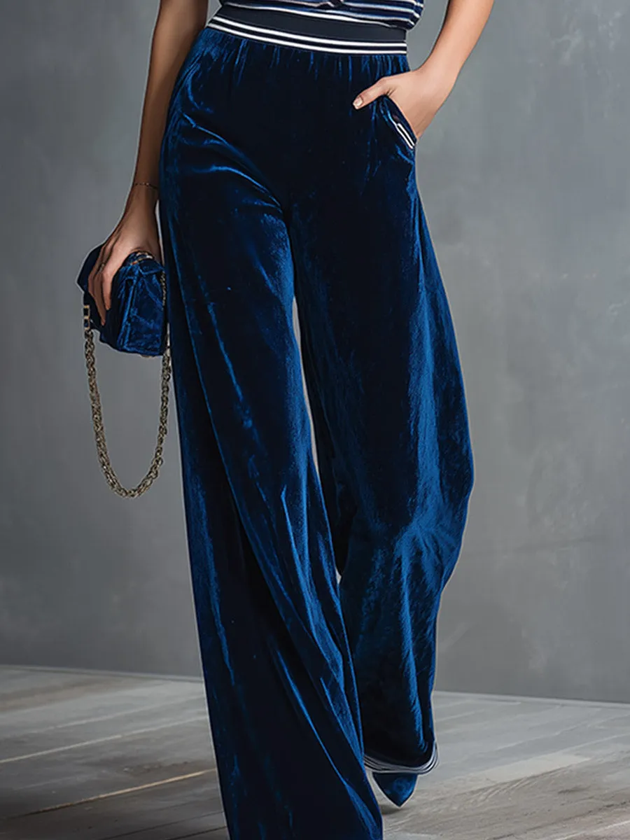 Classic And Elegant Blue Striped T-shirt And Wide-leg Velvet Trouser Set sold by Oyrosy product image thumbnail 4