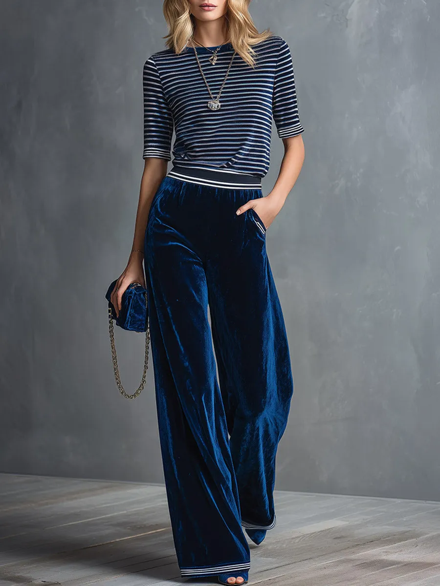 Classic And Elegant Blue Striped T-shirt And Wide-leg Velvet Trouser Set sold by Oyrosy