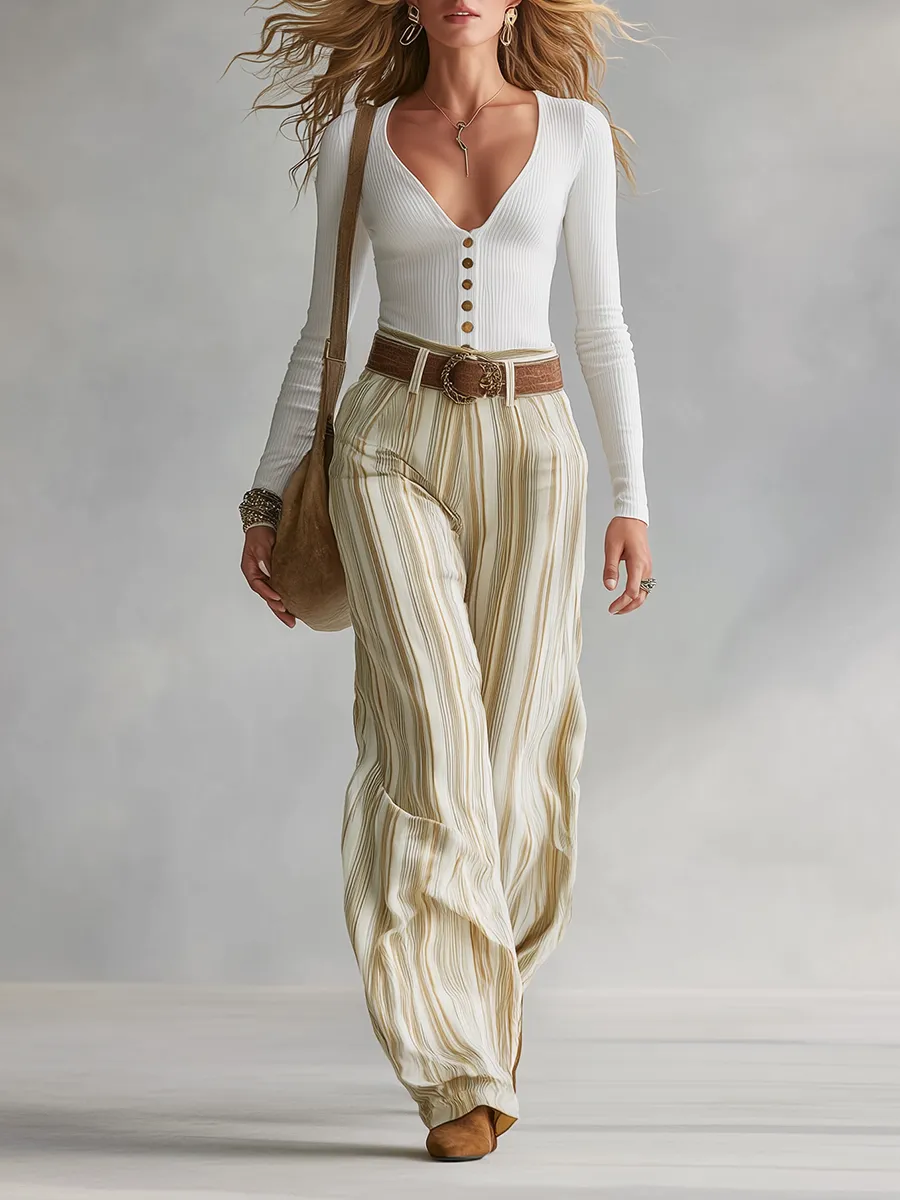Vintage-style Elegant Western-inspired Cotton Base Layer And Printed Striped Trousers Set sold by Oyrosy