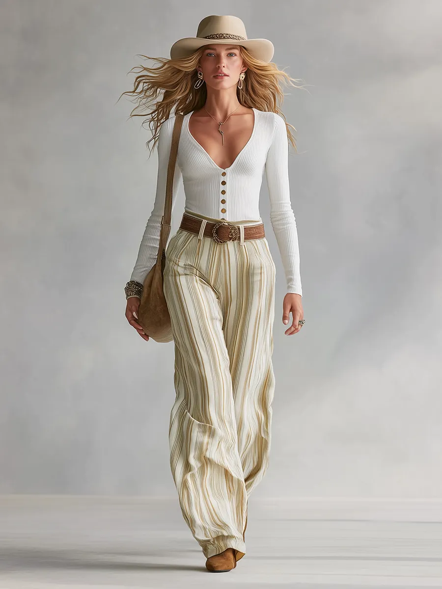 Vintage-style Elegant Western-inspired Cotton Base Layer And Printed Striped Trousers Set sold by Oyrosy product image thumbnail 2