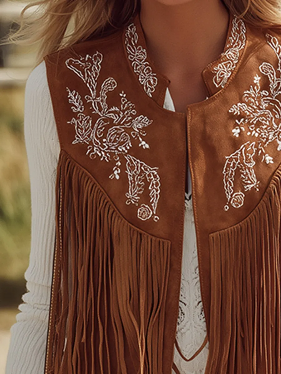 Vintage Western-style Embroidered Fringe Brown Faux Suede Vest sold by Oyrosy product image thumbnail 3