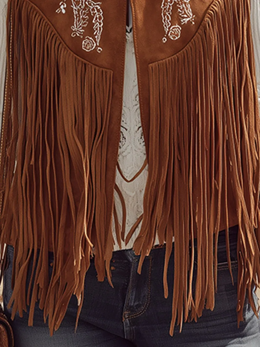 Vintage Western-style Embroidered Fringe Brown Faux Suede Vest sold by Oyrosy product image thumbnail 4