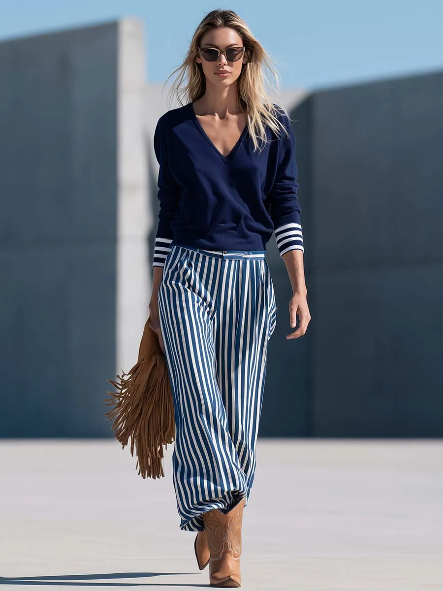 Retro Nautical Navy V-Neck Sweatshirt And Striped Wide-Leg Pants Set sold by Oyrosy product image thumbnail 3