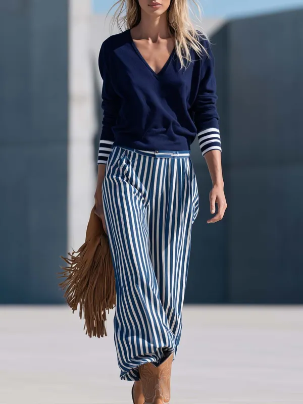 Retro Nautical Navy V-Neck Sweatshirt And Striped Wide-Leg Pants Set made by Oyrosy