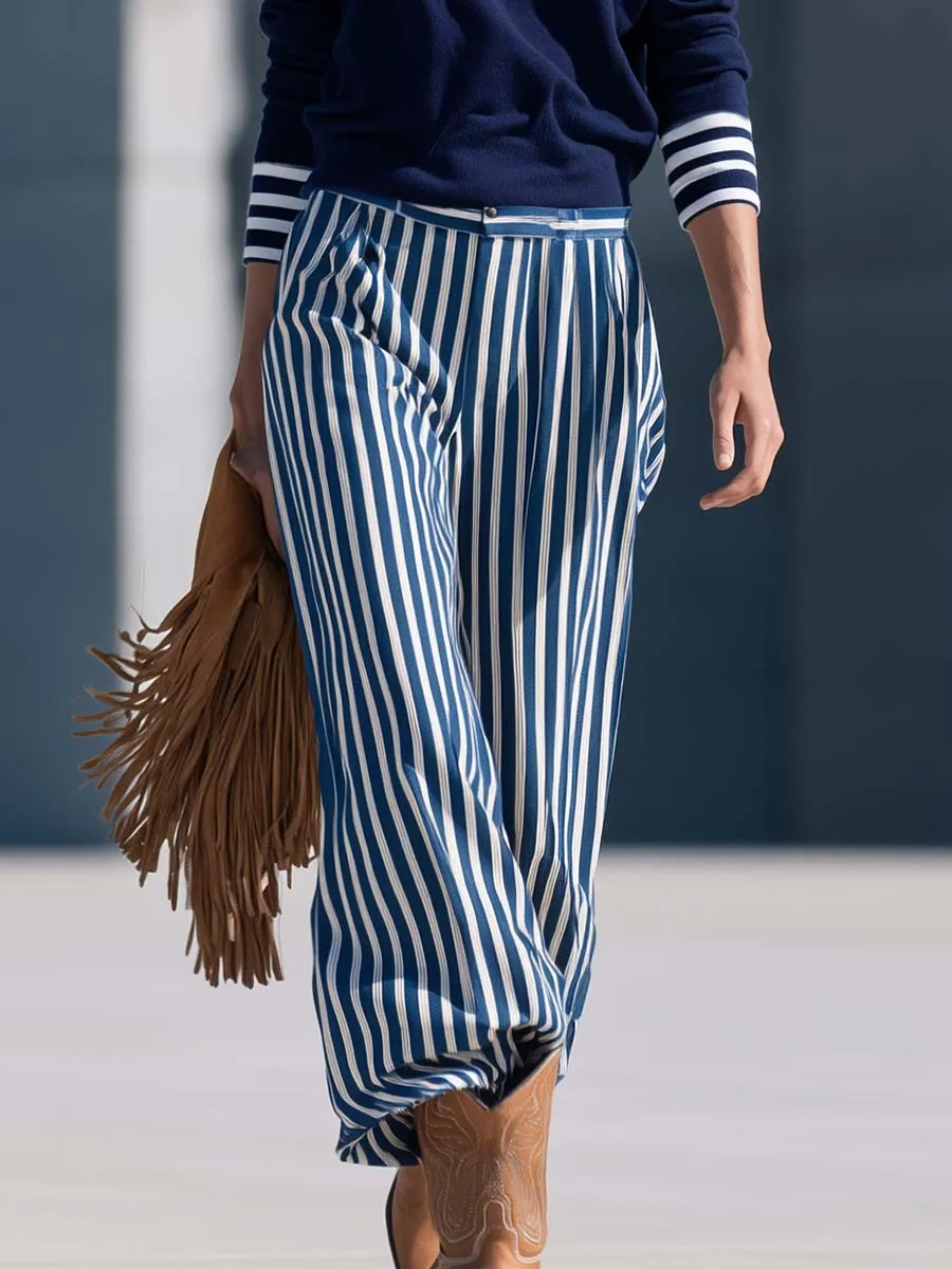 Retro Nautical Navy V-Neck Sweatshirt And Striped Wide-Leg Pants Set sold by Oyrosy product image thumbnail 5