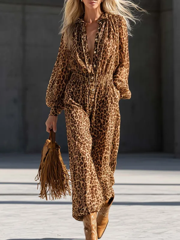 Western Leopard Print Chiffon Smocked-Waist Wide-Leg Jumpsuit made by Oyrosy