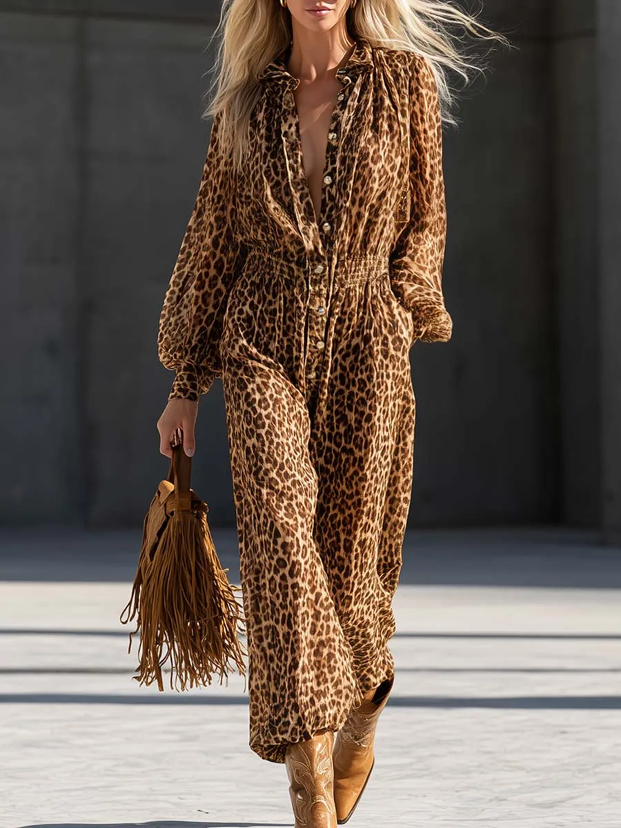 Western Leopard Print Chiffon Smocked-Waist Wide-Leg Jumpsuit sold by Oyrosy