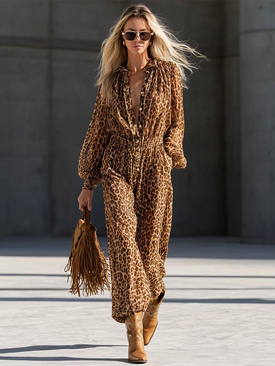 Western Leopard Print Chiffon Smocked-Waist Wide-Leg Jumpsuit sold by Oyrosy product image thumbnail 4