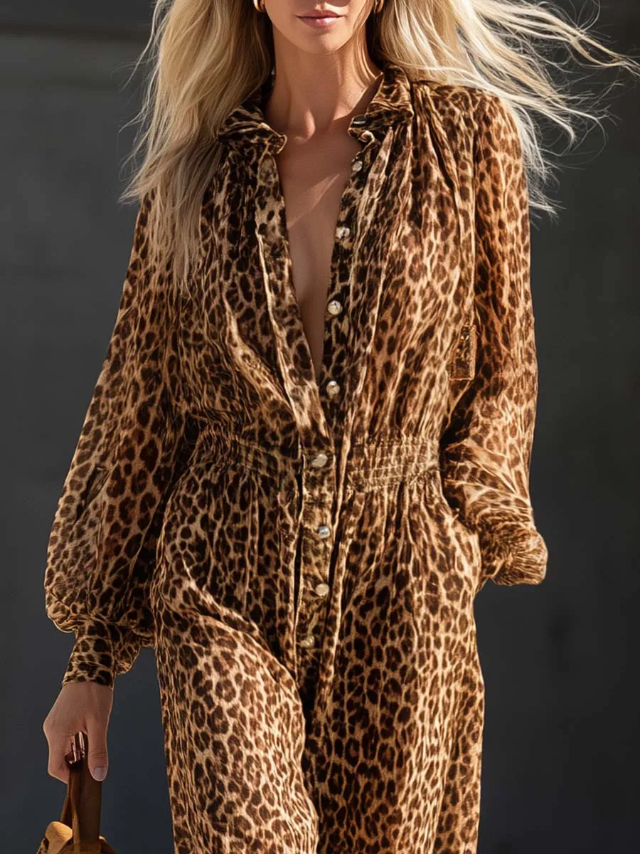 Western Leopard Print Chiffon Smocked-Waist Wide-Leg Jumpsuit sold by Oyrosy product image thumbnail 5