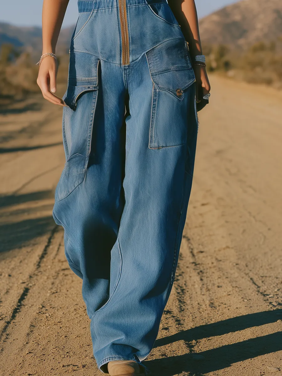 Retro-chic Washed Blue Sleeveless Denim Jumpsuit/wide-leg Cargo Overalls sold by Oyrosy product image thumbnail 4