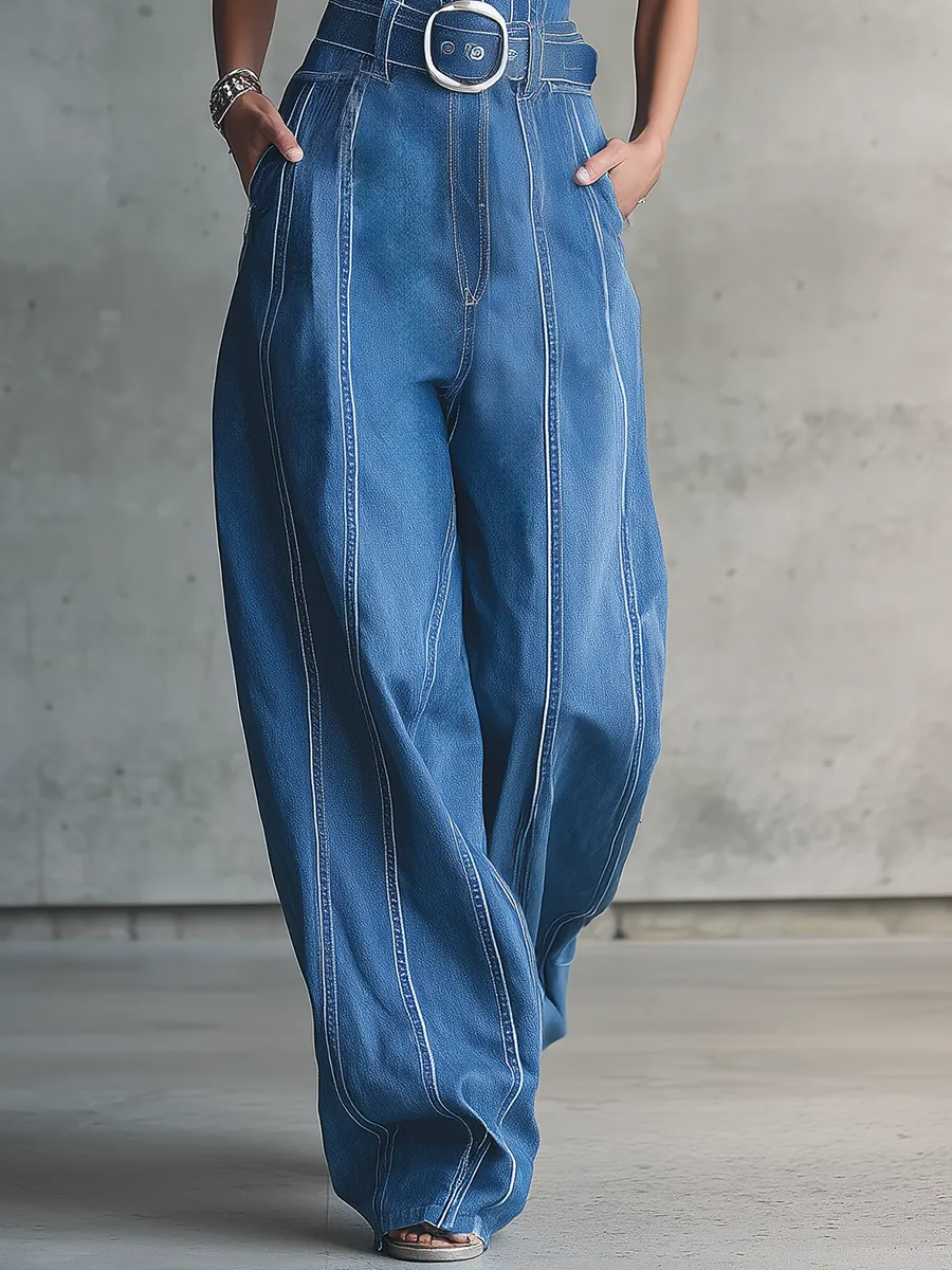 Retro Button-Down Denim Cargo Jumpsuit – Distressed Details, Cinched Waist, Wide Leg sold by Oyrosy product image thumbnail 4