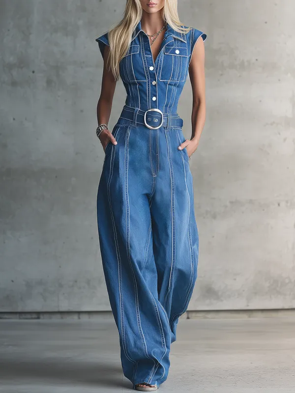 Retro Button-Down Denim Cargo Jumpsuit – Distressed Details, Cinched Waist, Wide Leg made by Oyrosy