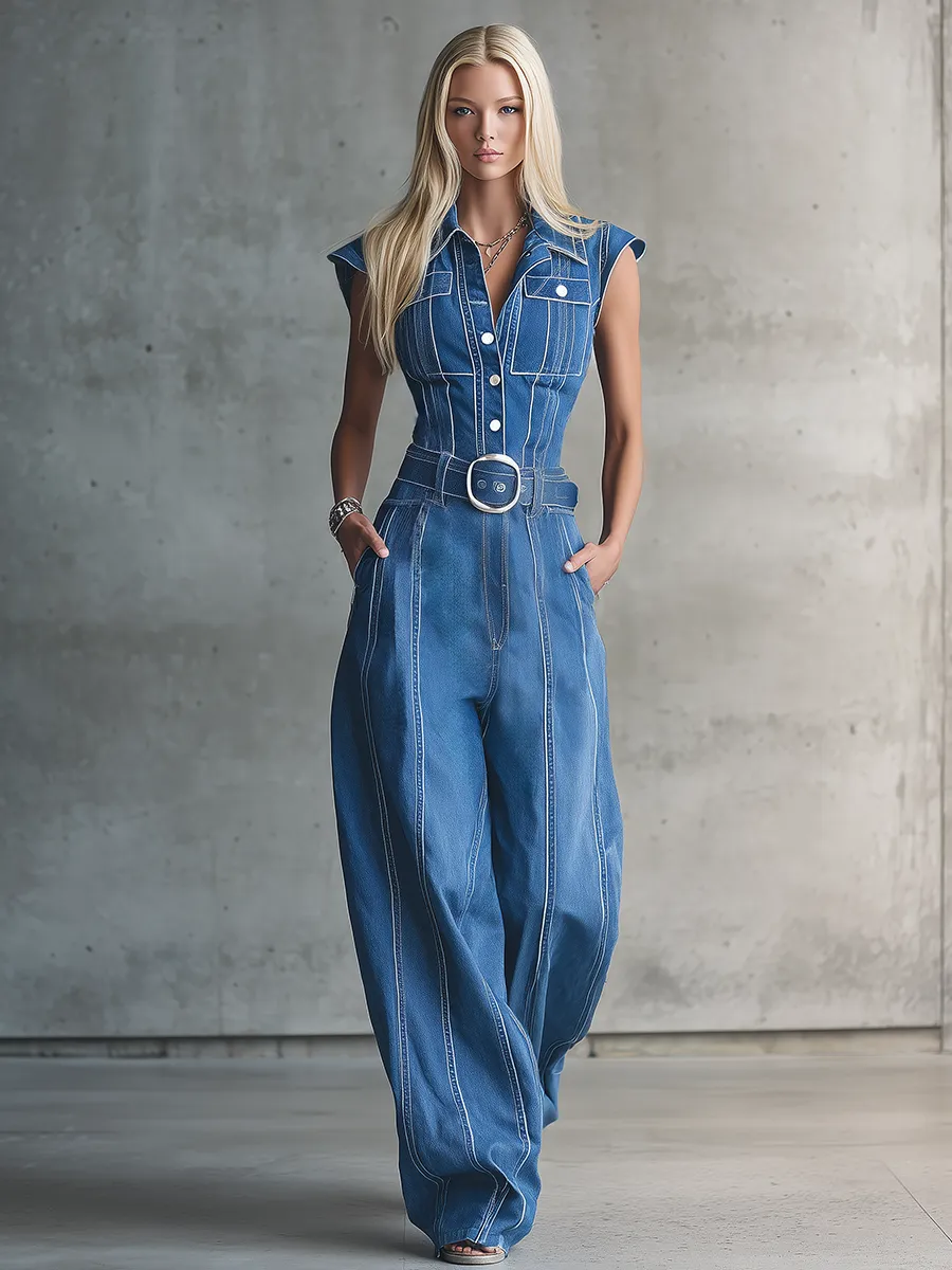 Retro Button-Down Denim Cargo Jumpsuit – Distressed Details, Cinched Waist, Wide Leg sold by Oyrosy product image thumbnail 2