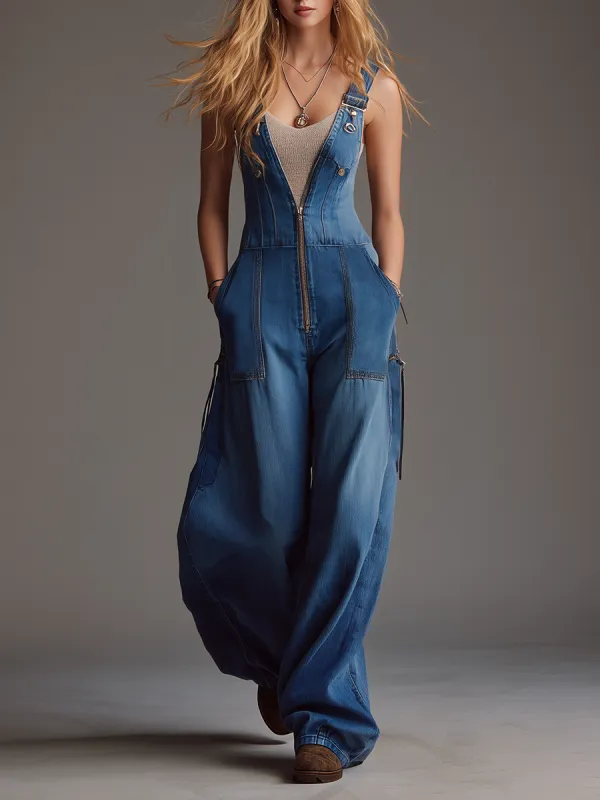 Stylish Blue Washed Denim Jumpsuit With Front Zipper Sleeveless Wide-leg Design made by Oyrosy