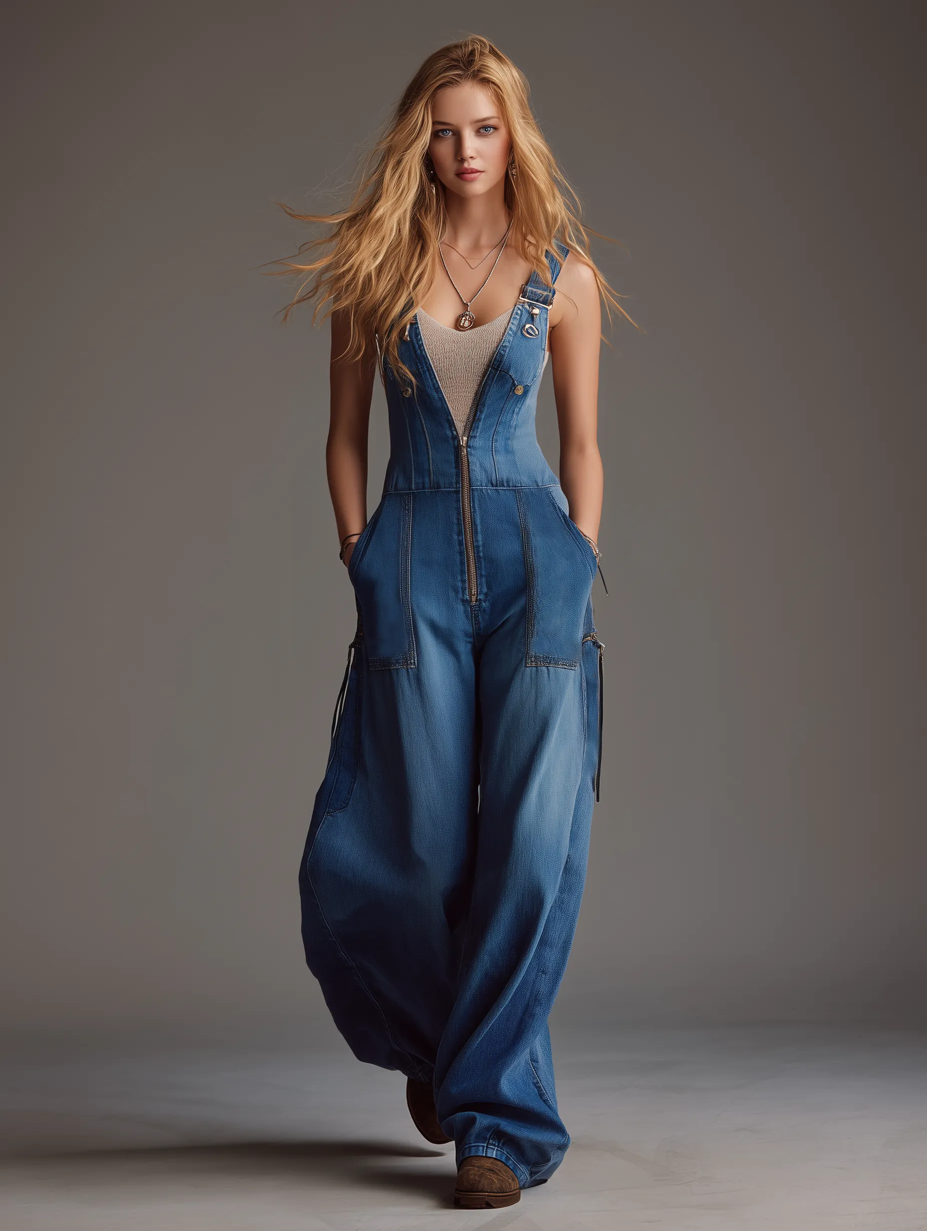 Stylish Blue Washed Denim Jumpsuit With Front Zipper Sleeveless Wide-leg Design sold by Oyrosy product image thumbnail 4