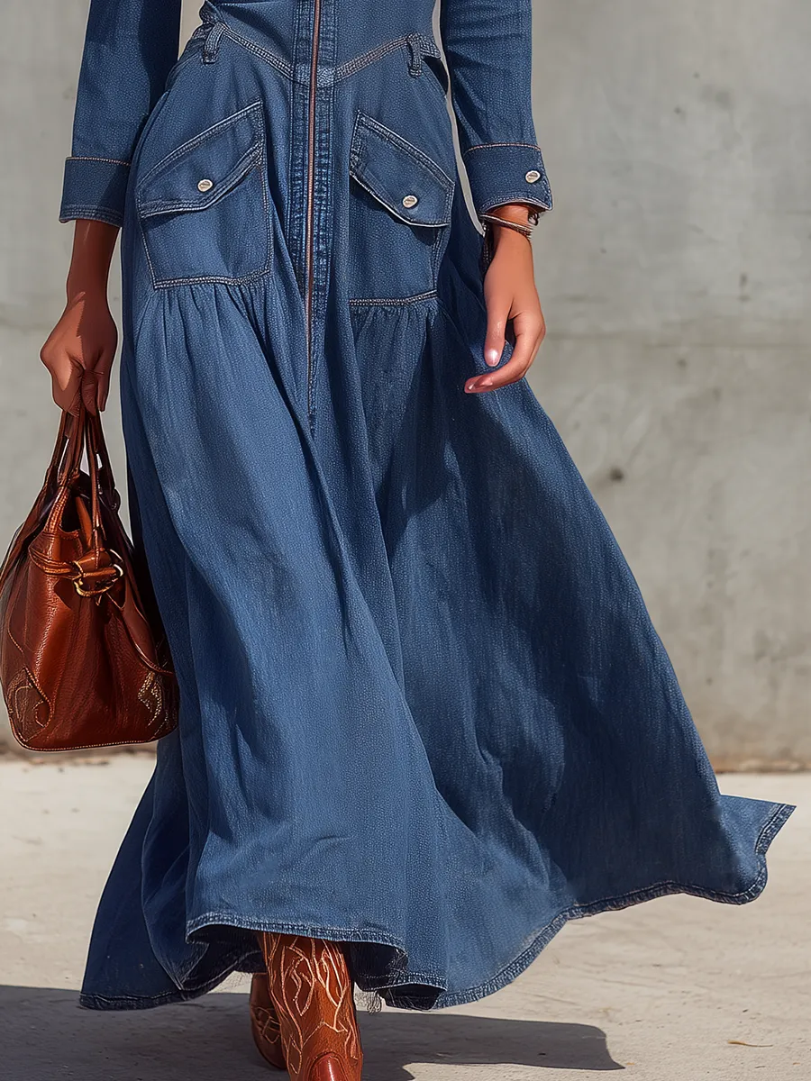 Retro Western Washed Denim Long Collared Workwear Pocket Shirt Dress With Zippered Front And Layered Flowing Hem sold by Oyrosy product image thumbnail 4