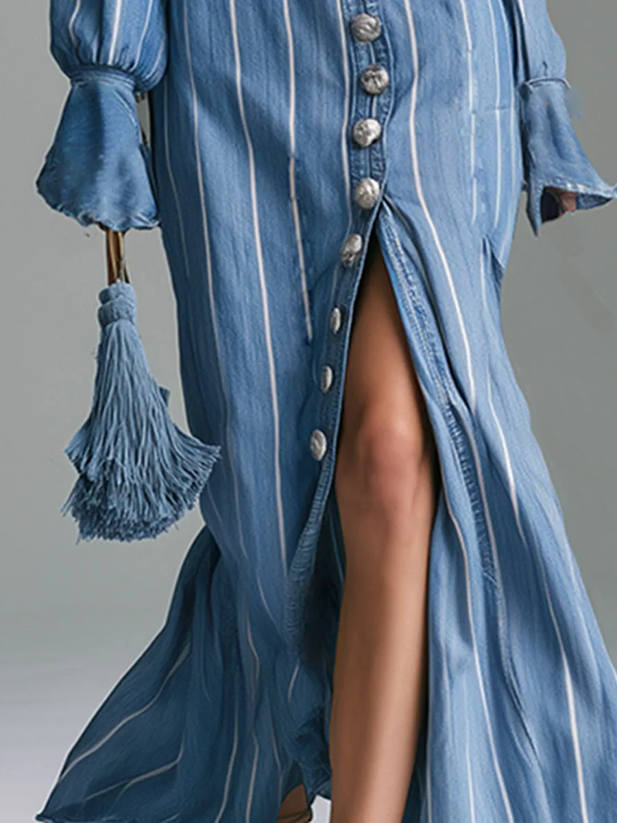 Vintage-style Elegant Blue Striped Denim Single-breasted Long-sleeved Maxi Dress sold by Oyrosy product image thumbnail 4