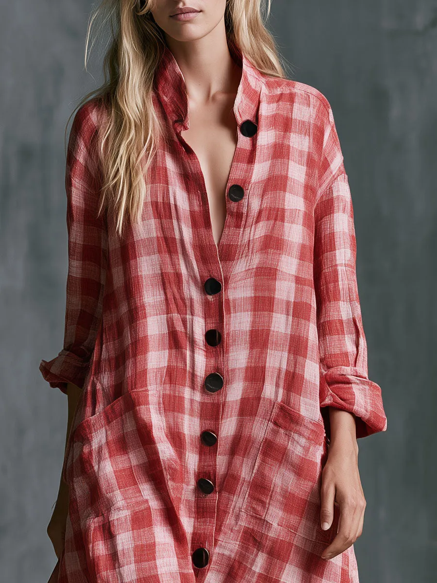Casual Retro Red Plaid Long-sleeved Button Cotton Maxi Dress sold by Oyrosy product image thumbnail 4