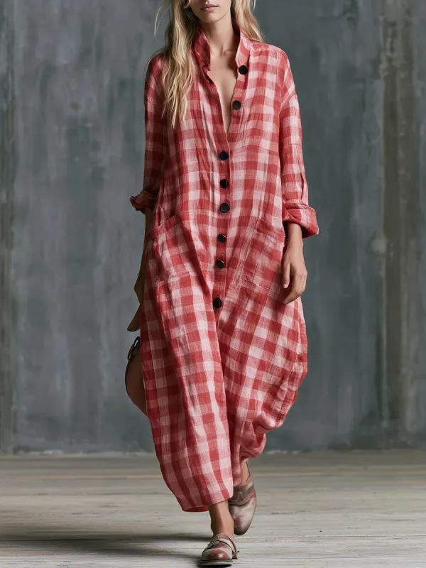 Casual Retro Red Plaid Long-sleeved Button Cotton Maxi Dress made by Oyrosy