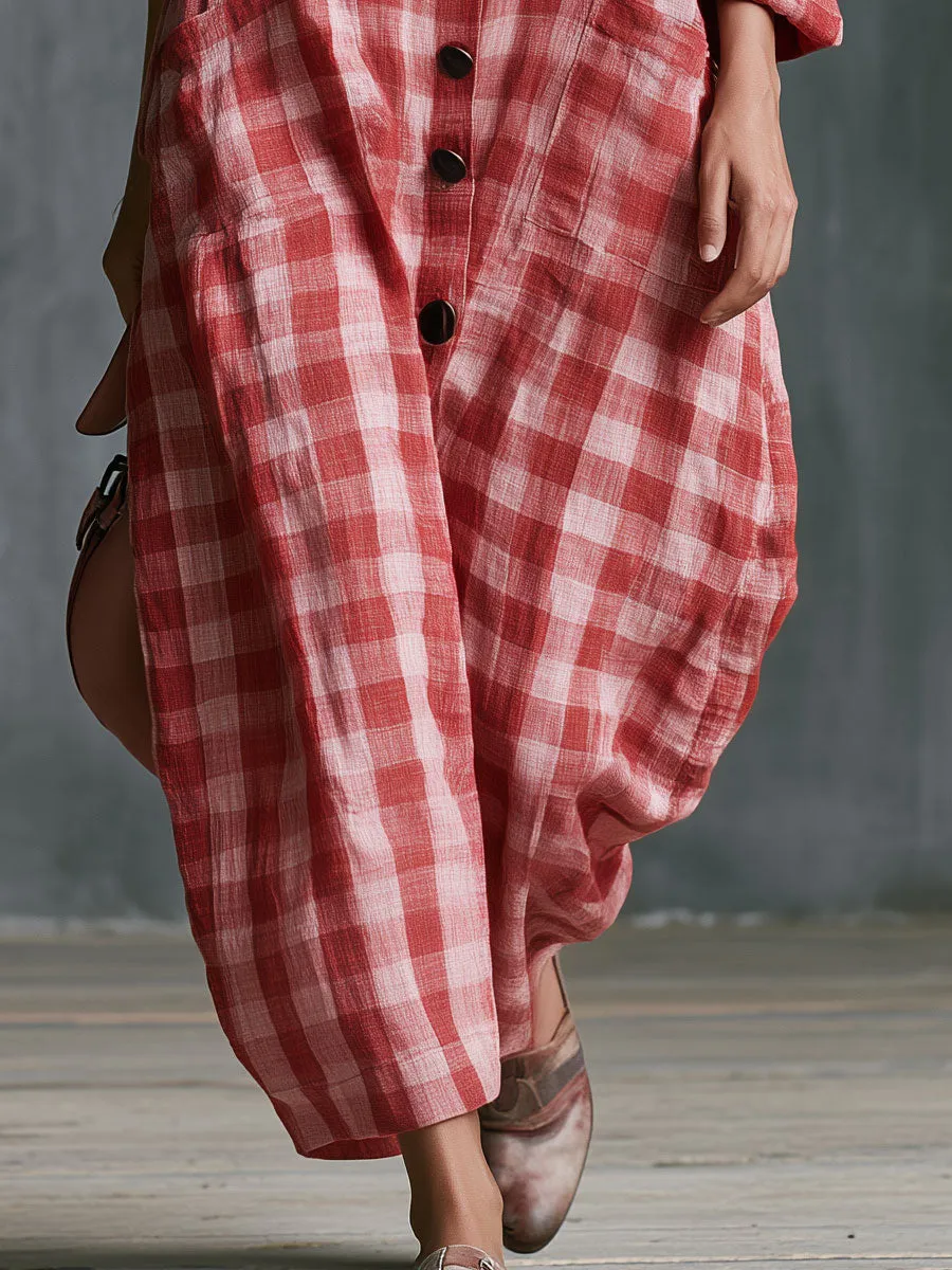 Casual Retro Red Plaid Long-sleeved Button Cotton Maxi Dress sold by Oyrosy product image thumbnail 5