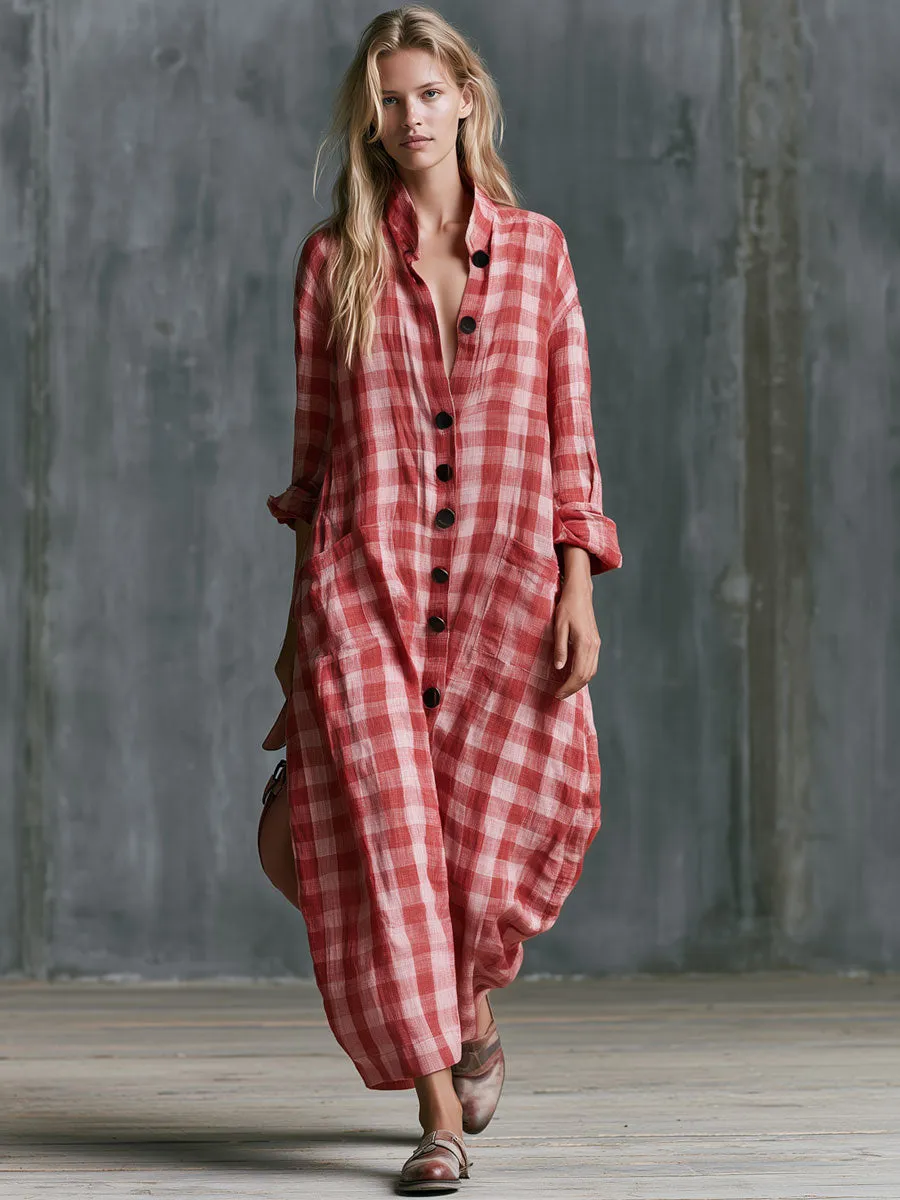 Casual Retro Red Plaid Long-sleeved Button Cotton Maxi Dress sold by Oyrosy product image thumbnail 3