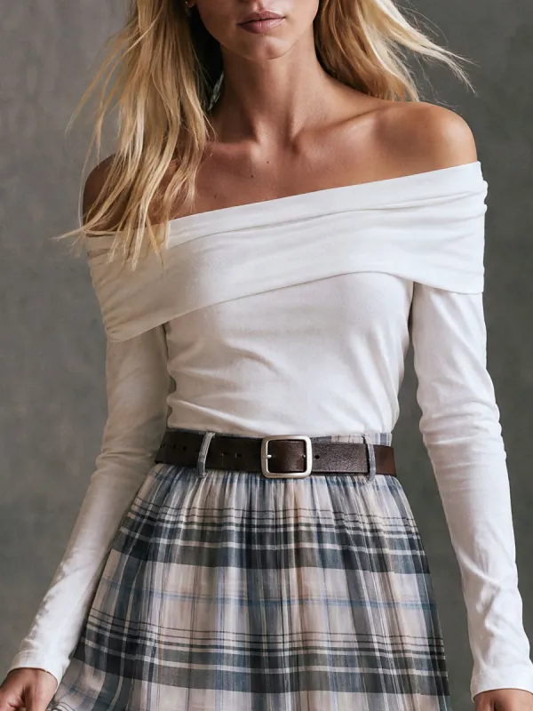 Casual Retro White Off-Shoulder Pure Cotton T-Shirt made by Oyrosy