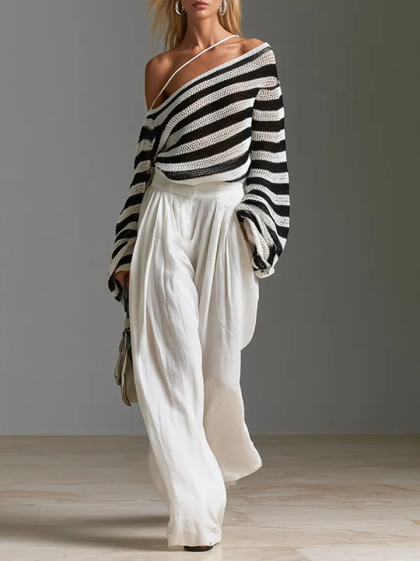Minimalist Urban Striped One-Shoulder Knit Top And White Cotton-Linen Wide-Leg Pants Set made by Oyrosy